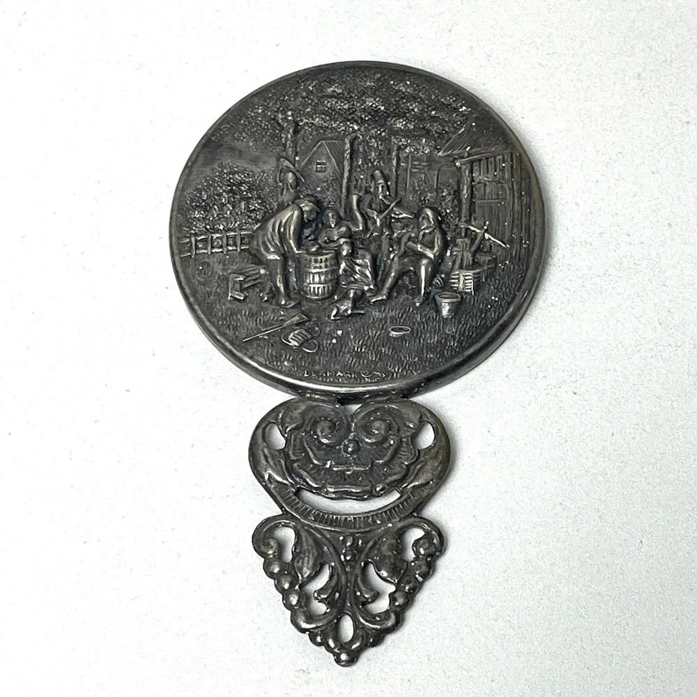 Vintage Hans Jensen Denmark Silverplate Repousse Hand Mirror Tavern Scene 4.5